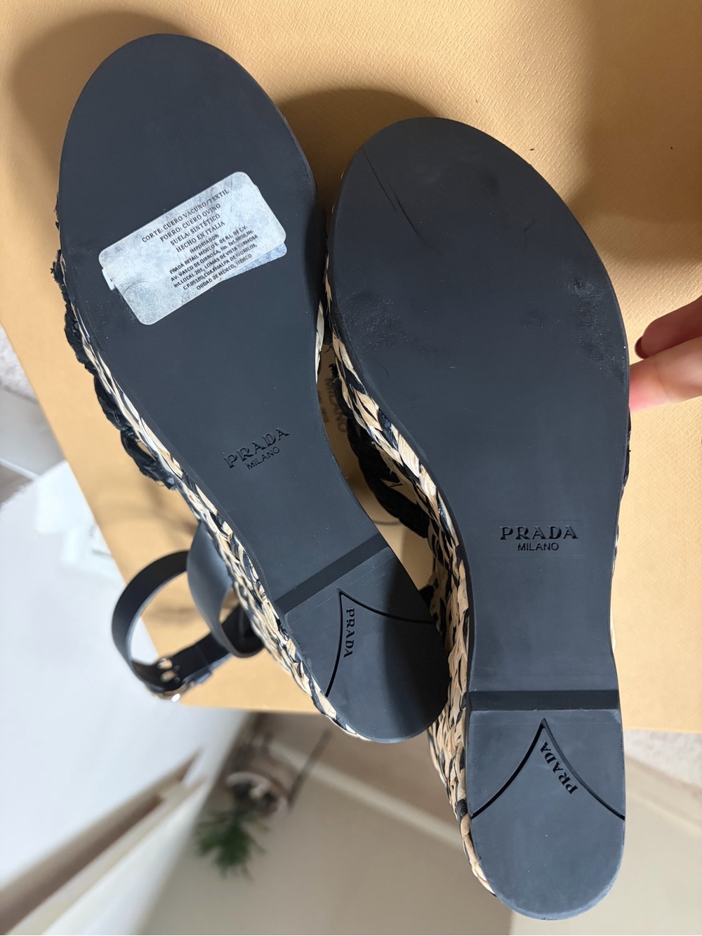 Prada Black Braided Leather & Woven Raffia Platform Wedge Sandals - Picture 7 of 12